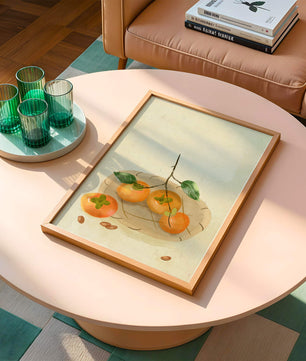 Still Life with Persimmons and Branch on a Neutral Background