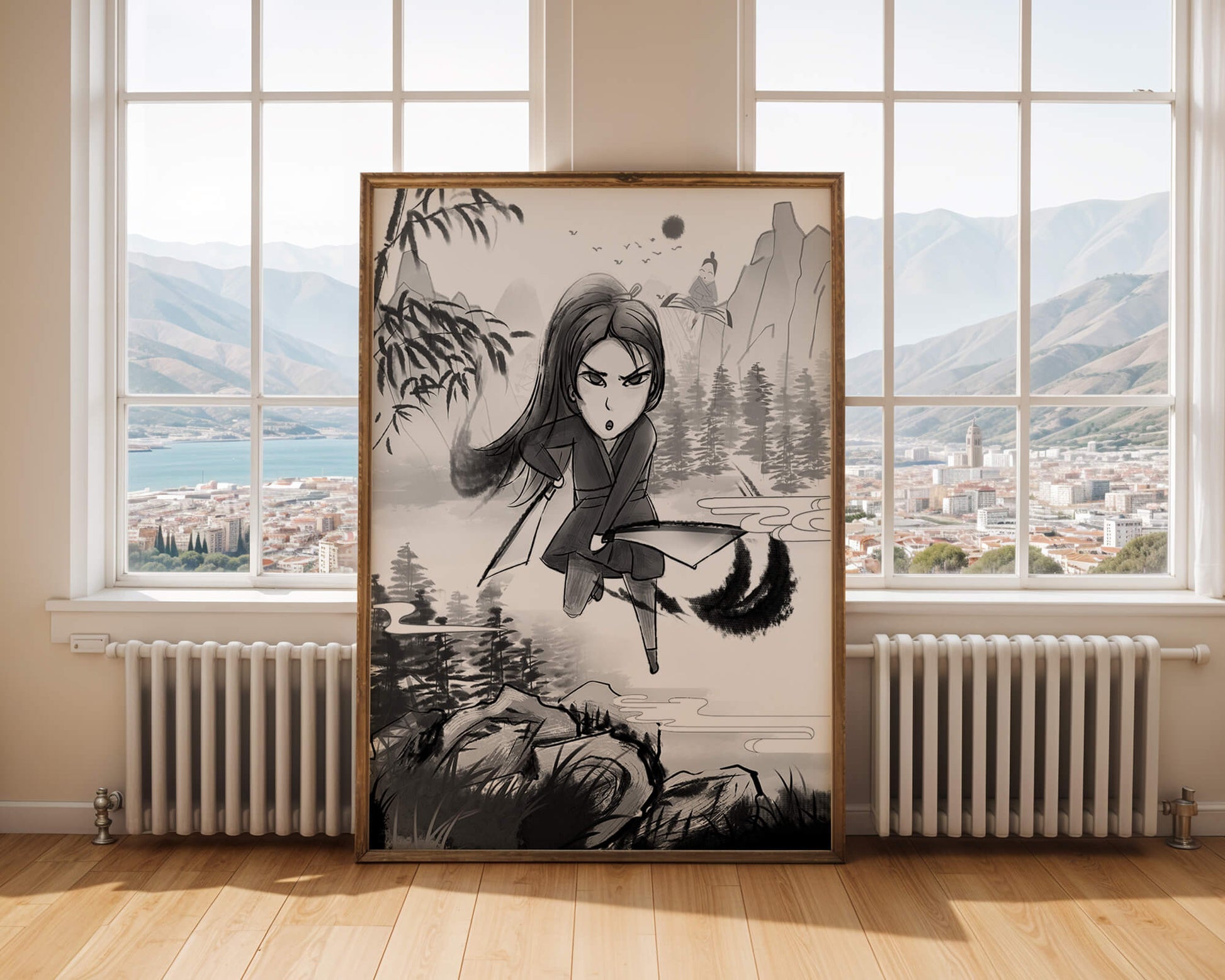 Warrior In A Mystical Landscape With Mountains And Rivers