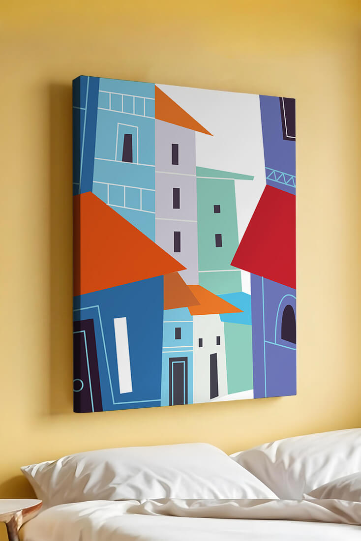 Colorful abstract cityscape with geometric buildings