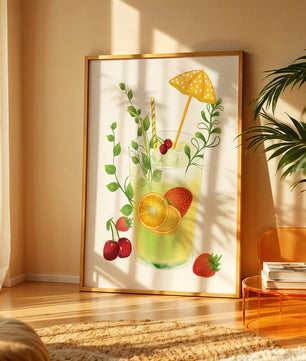Refreshing summer drink illustration with fruits and greenery