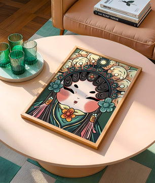 Ilustración encantadora de una muñeca china tradicional con tocado floral
