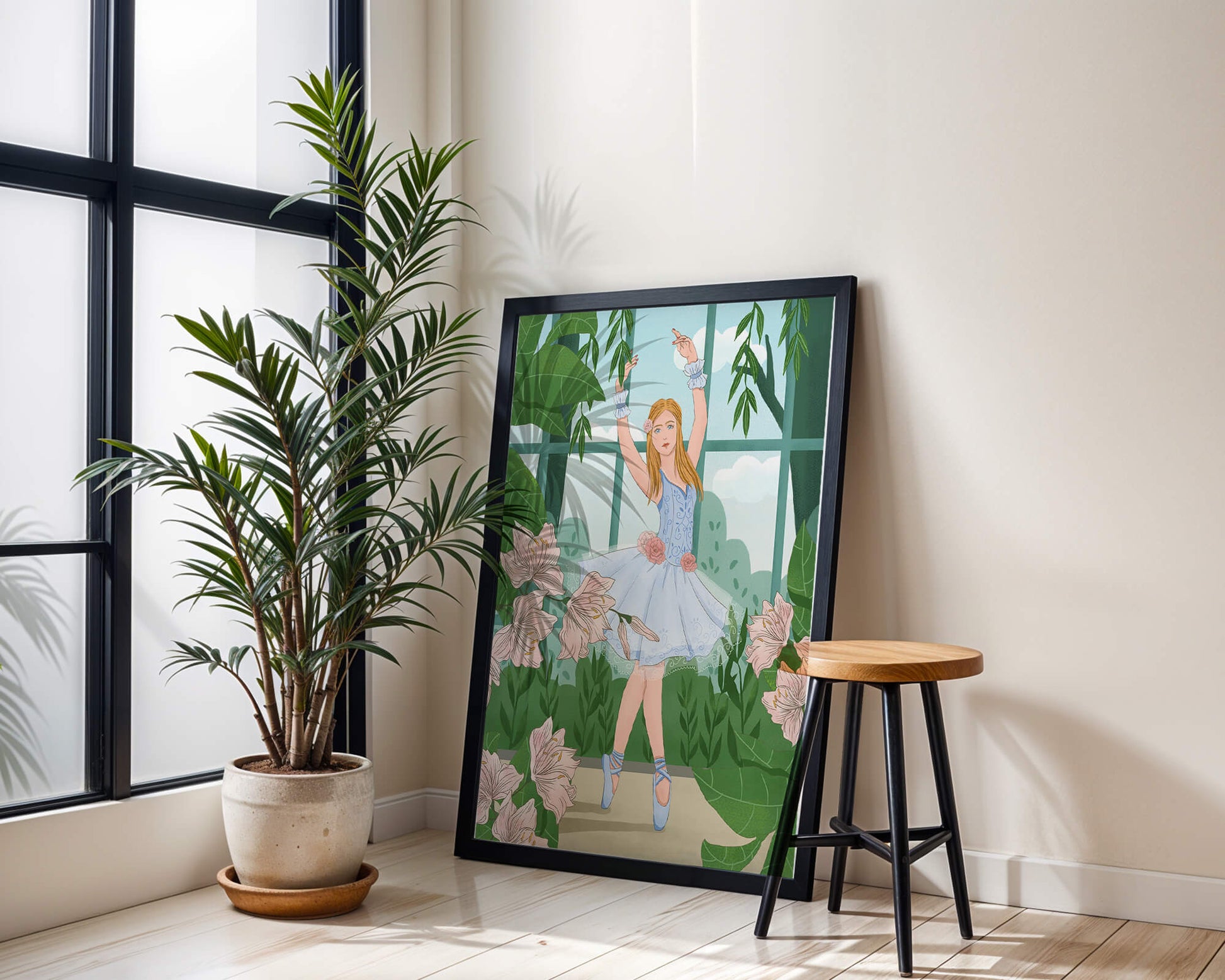 Elegant ballet dancer in a floral and botanical setting