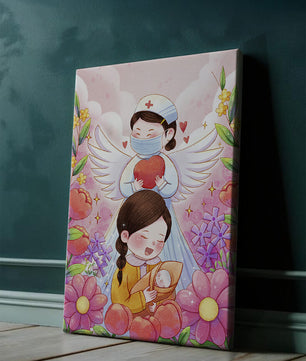 Escena ilustrada de un ángel de la salud con un niño y flores