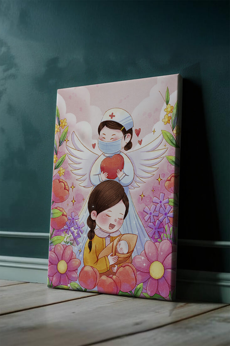 Illustrated scene of healthcare angel with child and flowers
