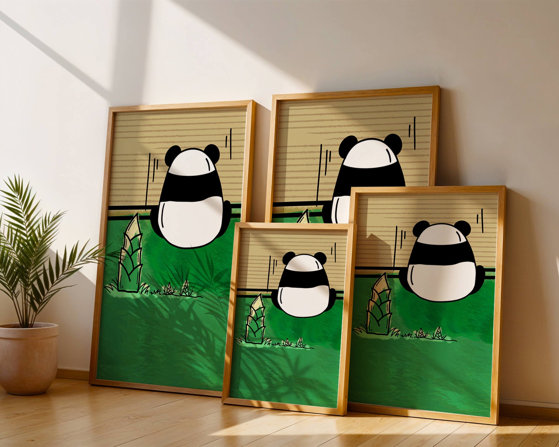 Whimsical panda in a green bamboo forest background