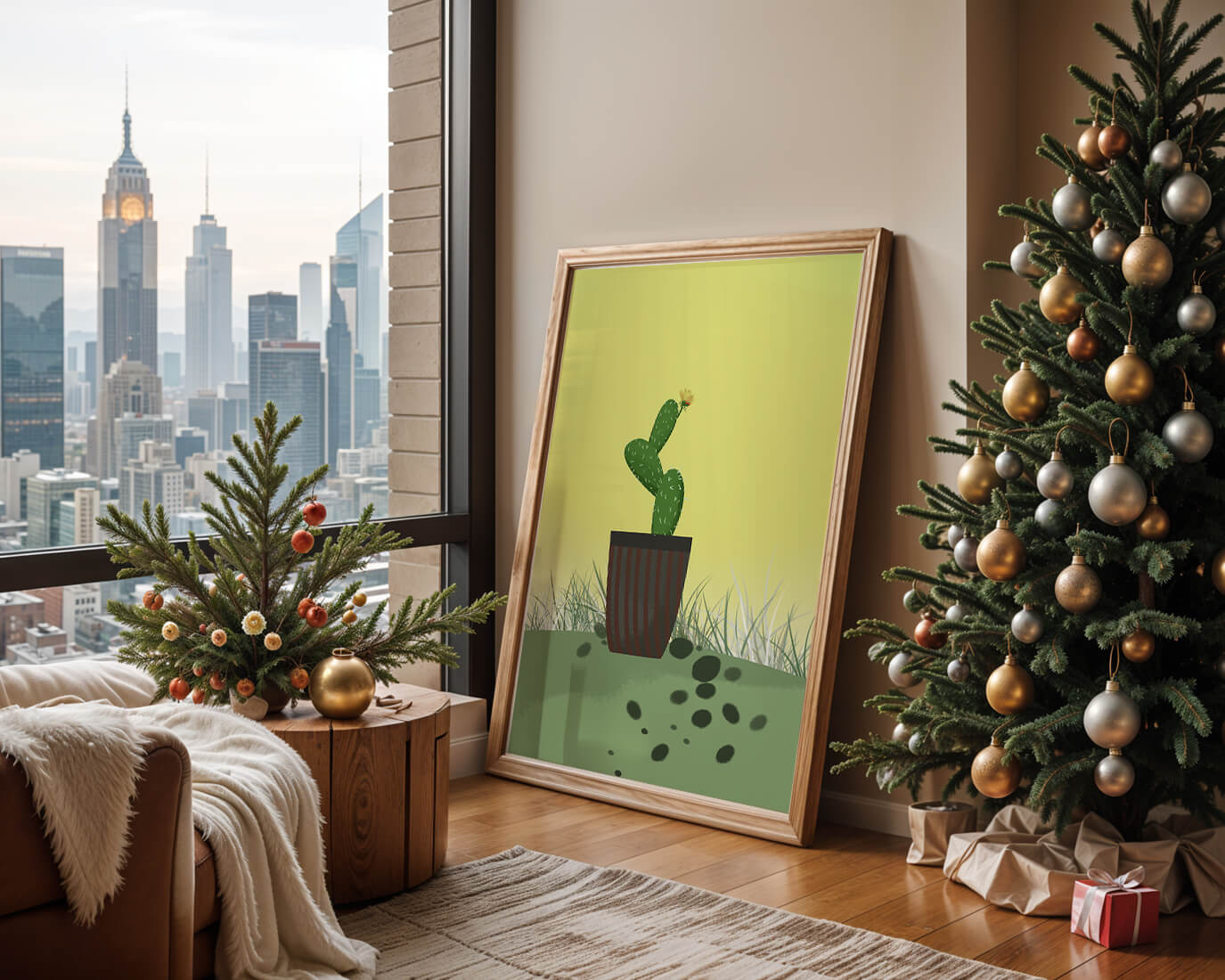 Illustration of a potted cactus with flower on soft background