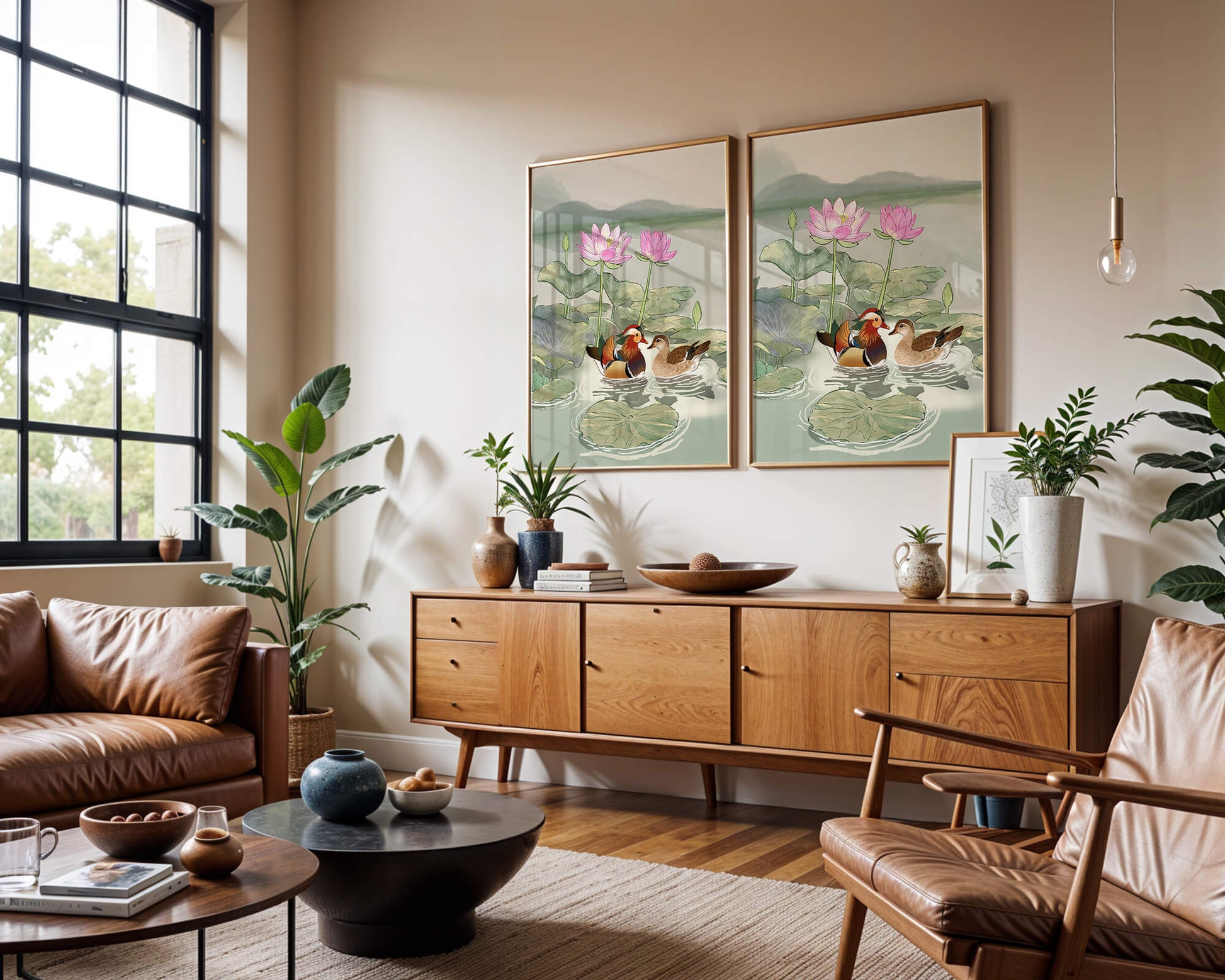 Patos mandarines y flores de loto en un estanque tranquilo