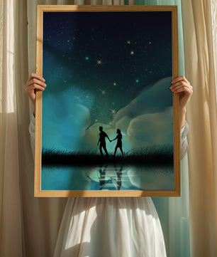 Pareja romántica paseando bajo la noche estrellada con reflejos celestiales
