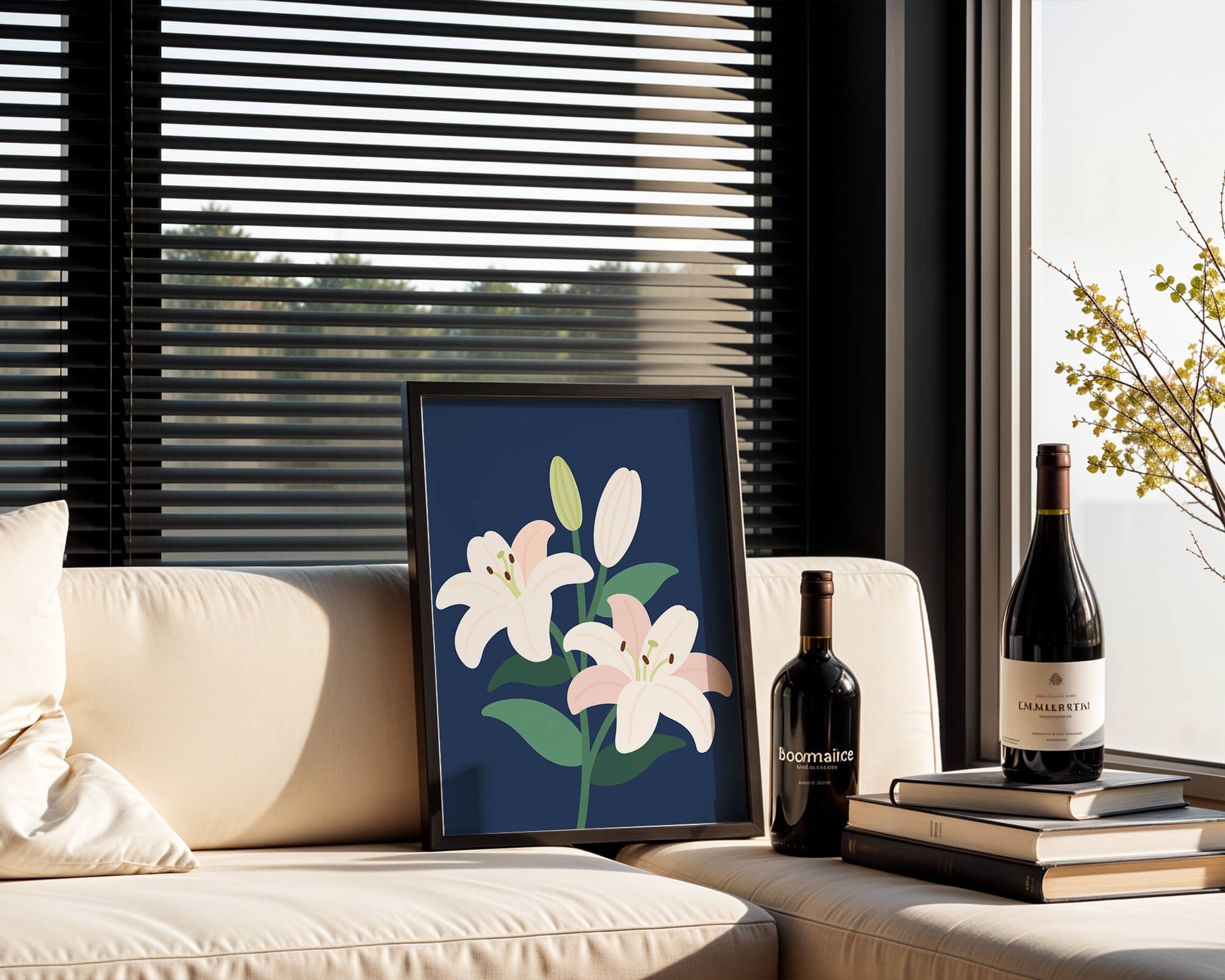 Lirios elegantes sobre un fondo azul oscuro