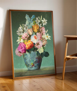 Floral arrangement in a decorative vase on a green background
