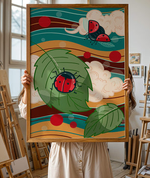 Ilustración colorida de mariquitas en un entorno natural caprichoso