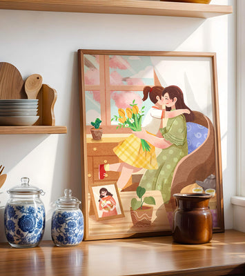 Cozy living room scene with mother and daughter hugging near window