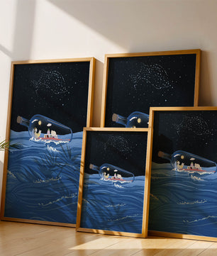 Surreal illustration of a bottle on the ocean with a starry night sky