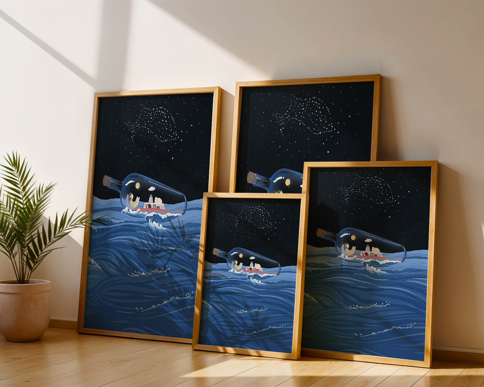 Surreal illustration of a bottle on the ocean with a starry night sky