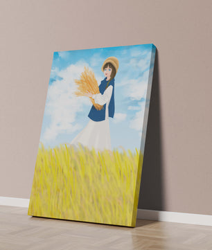 Young girl in a wheat field on a sunny day illustration