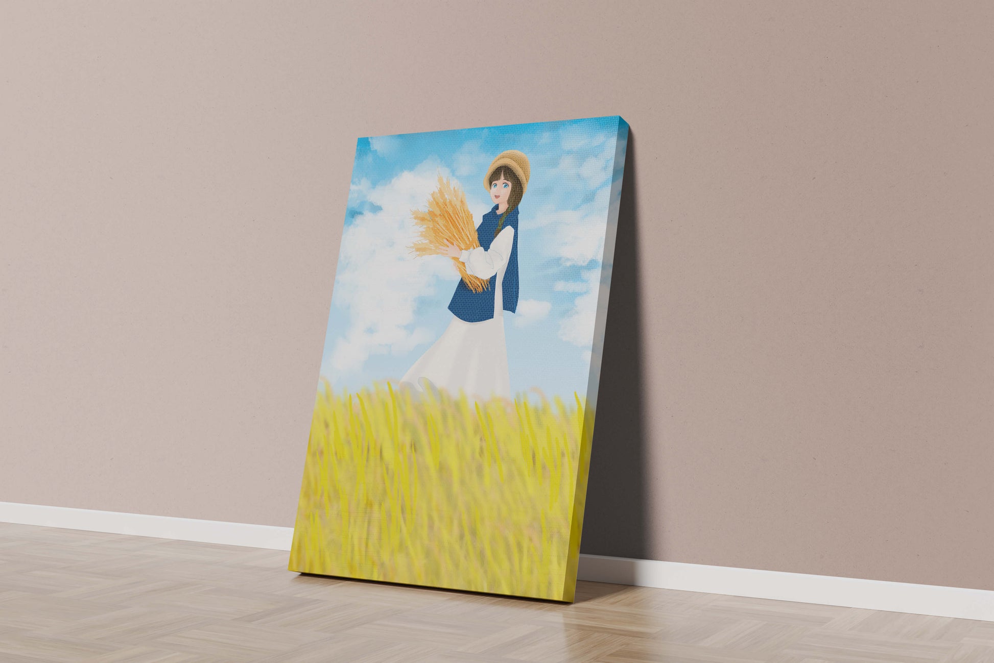 Young girl in a wheat field on a sunny day illustration