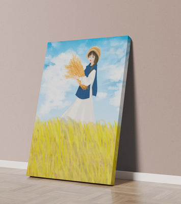 Young girl in a wheat field on a sunny day illustration