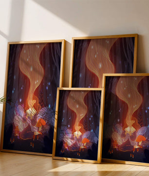 Magical forest scene with lantern and glowing hair