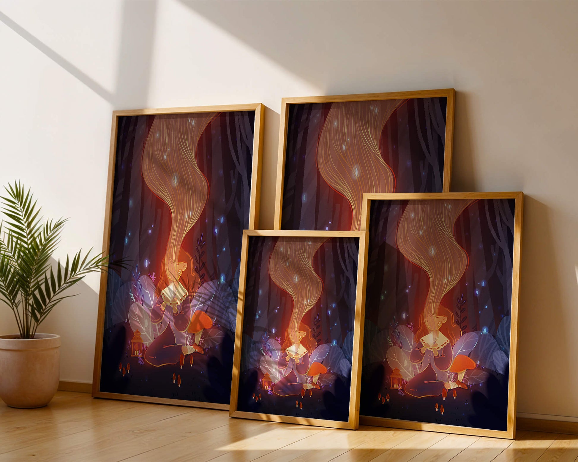 Magical forest scene with lantern and glowing hair