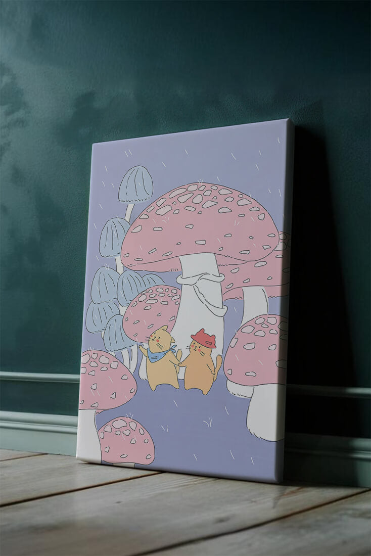 Charming illustration of cats among whimsical mushrooms