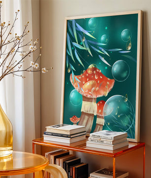 Whimsical forest scene with mushrooms and glowing bubbles