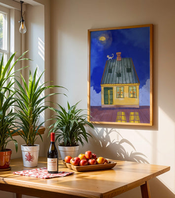 Charming Nighttime House with a Cat on the Roof Under the Moon