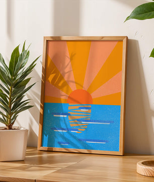 A vibrant sunrise illustration over the ocean with colorful rays