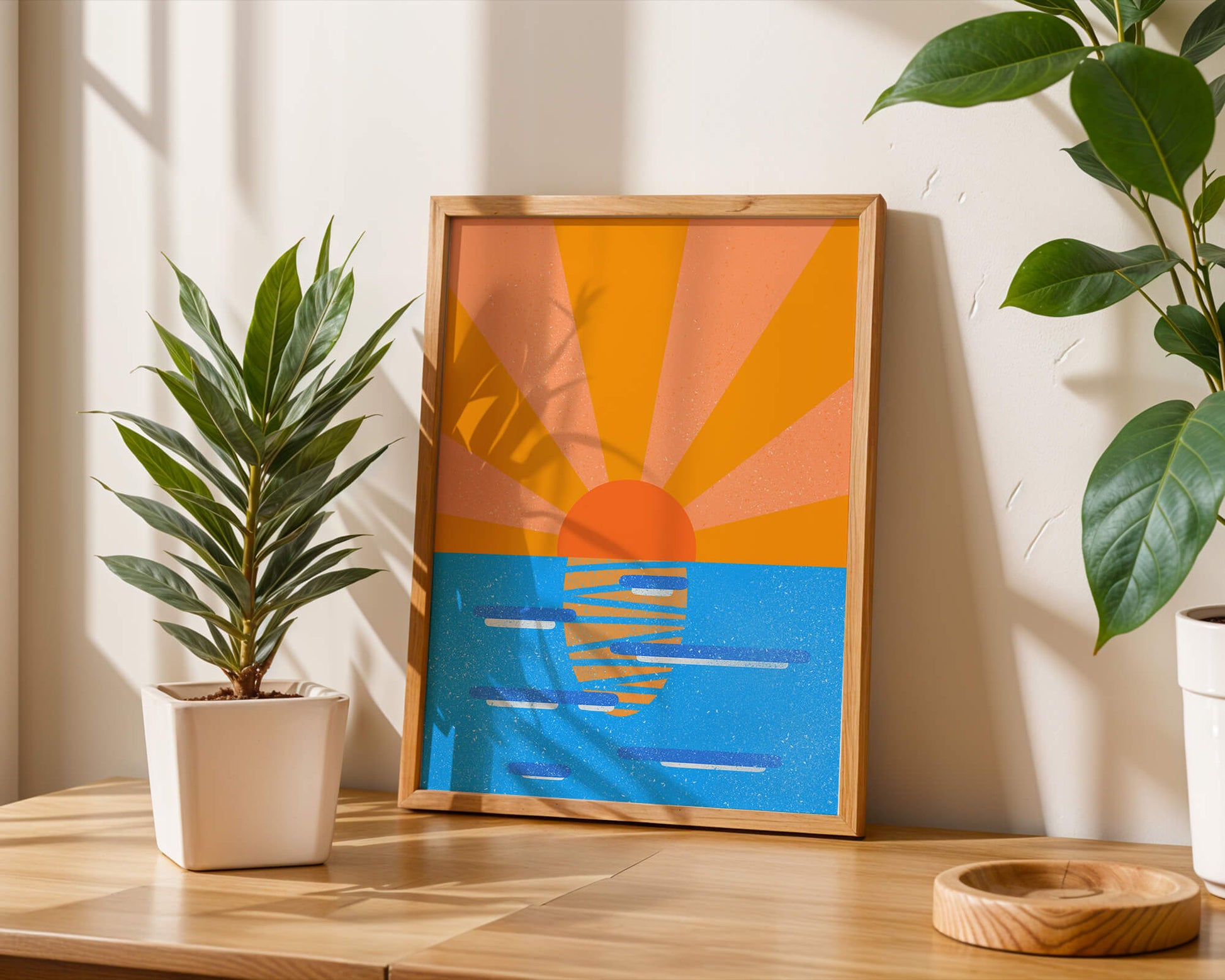 A vibrant sunrise illustration over the ocean with colorful rays