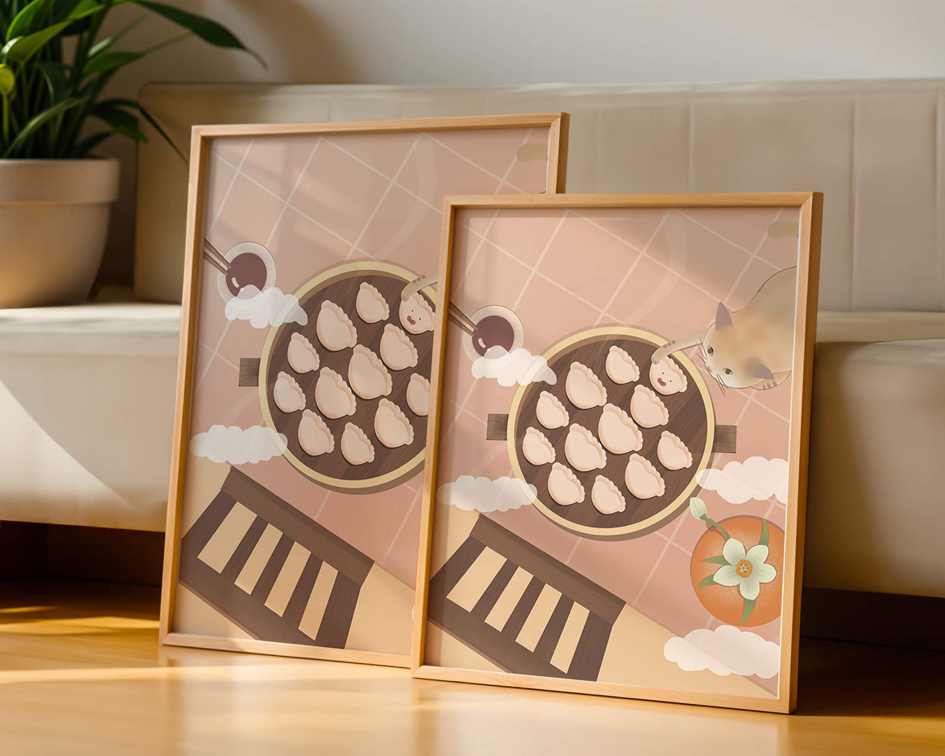 Gato alcanzando dumplings en una mesa con azulejos rosas y naranjas con palillos