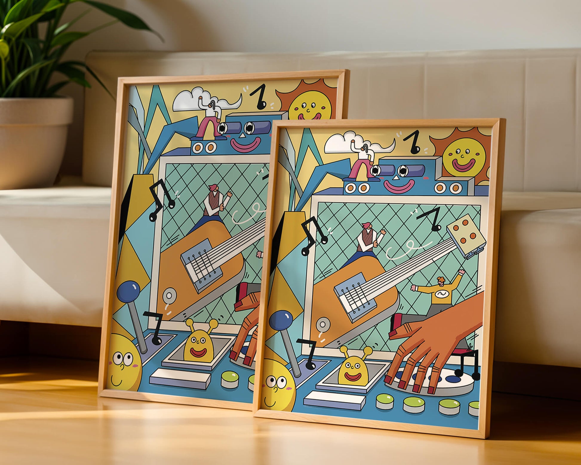 Colorful Cartoon Collage with Musical Elements and Smiling Faces