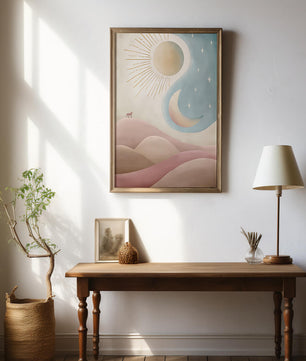 Minimalist landscape with sun, moon, and wolf in pastel hues