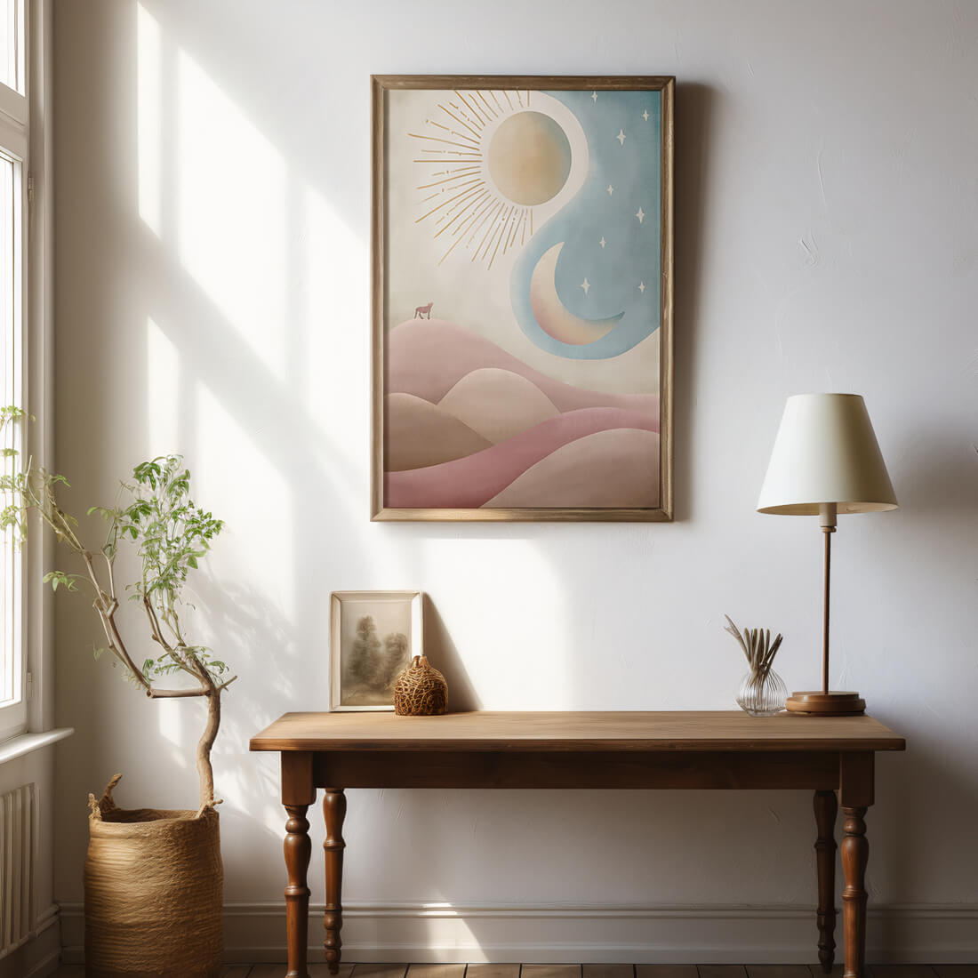 Minimalist landscape with sun, moon, and wolf in pastel hues