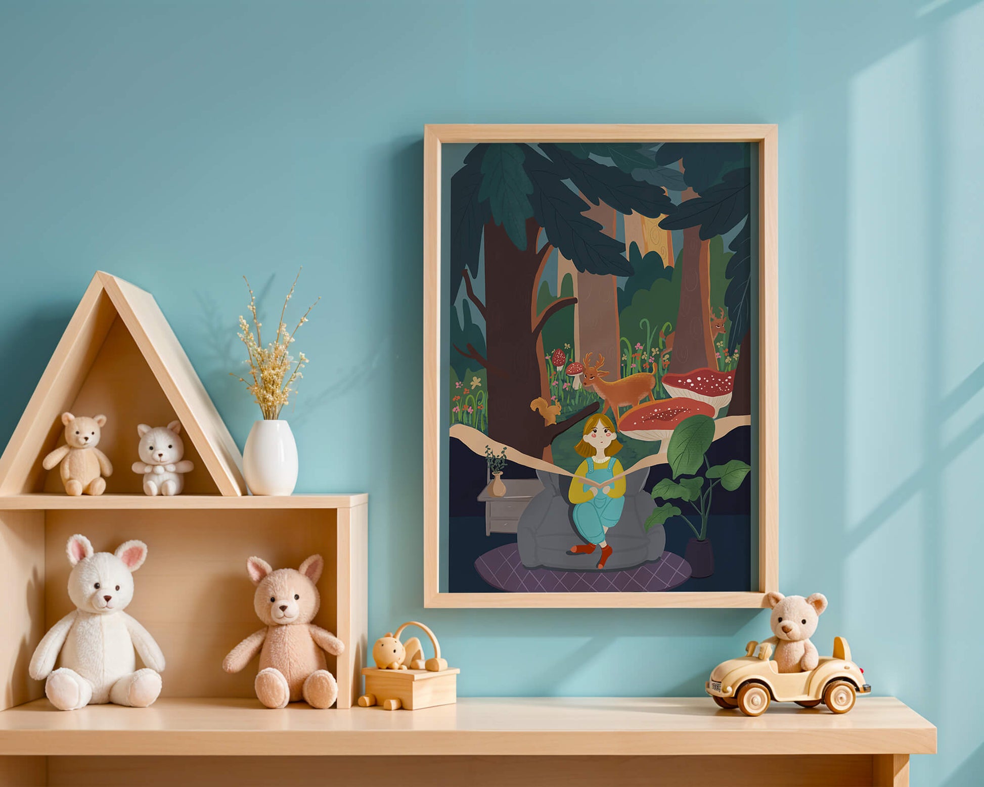 Figura femenina pacífica con criaturas del bosque y vegetación verde exuberante