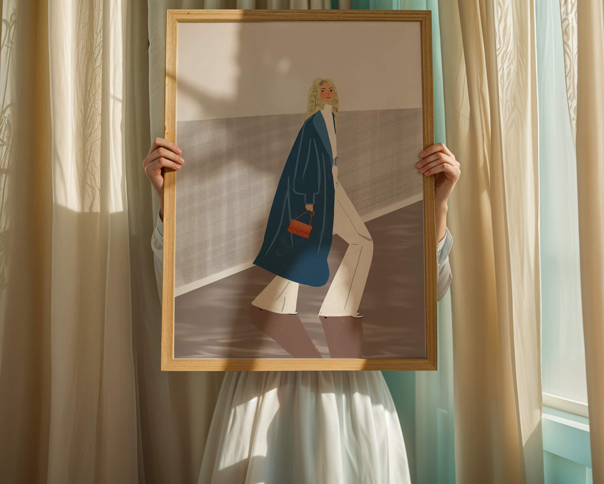 Fashionable Woman in Long Blue Coat Walking Along Corridor with Orange Handbag