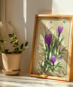 Elegant Crocus Flowers with Butterflies in a Delicate Frame