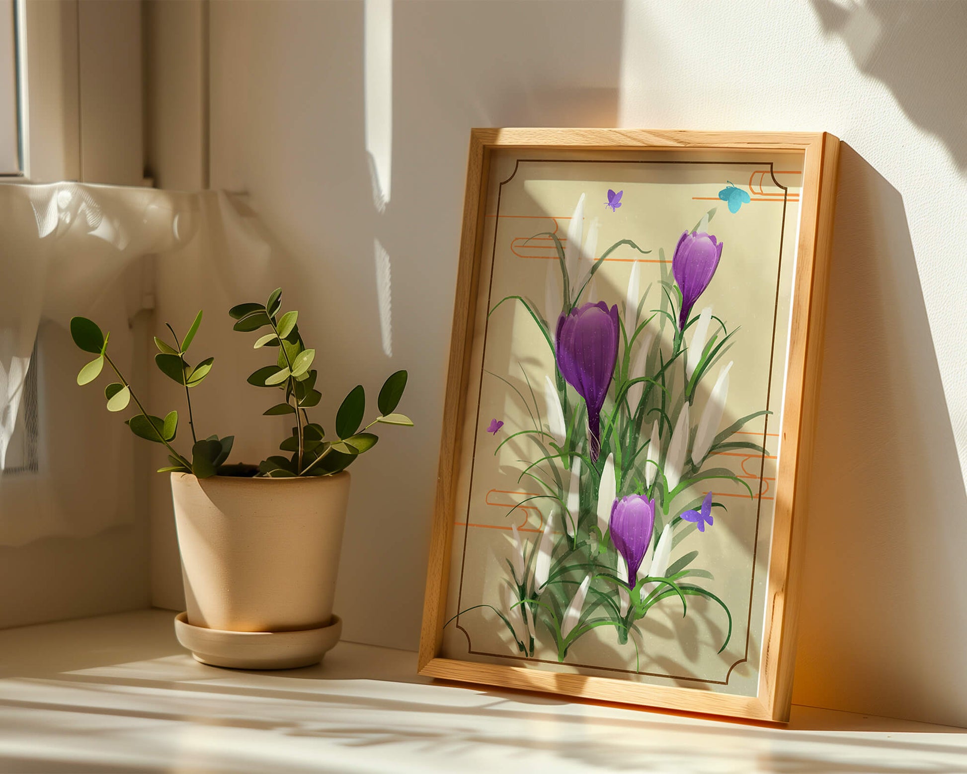 Elegantes flores de azafrán con mariposas en un marco delicado