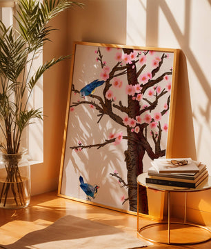 Ilustración encantadora de un árbol de cerezo con pájaros