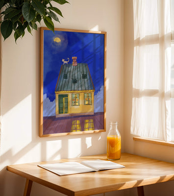 Charming Nighttime House with a Cat on the Roof Under the Moon