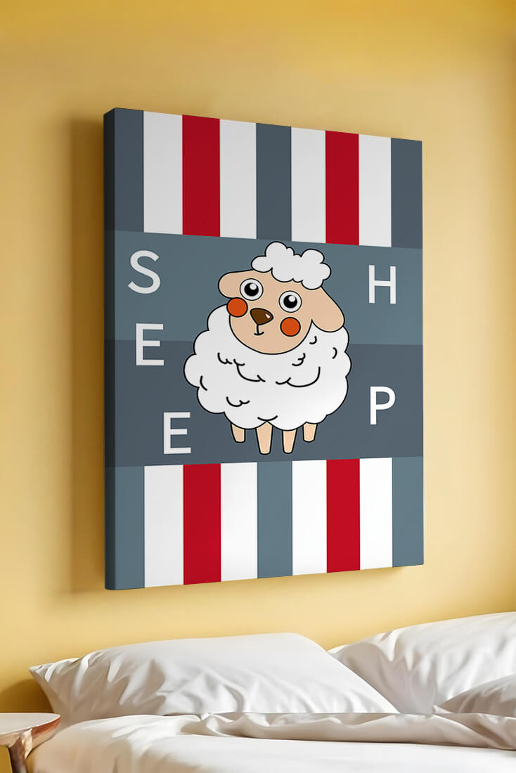 Playful sheep illustration on striped background