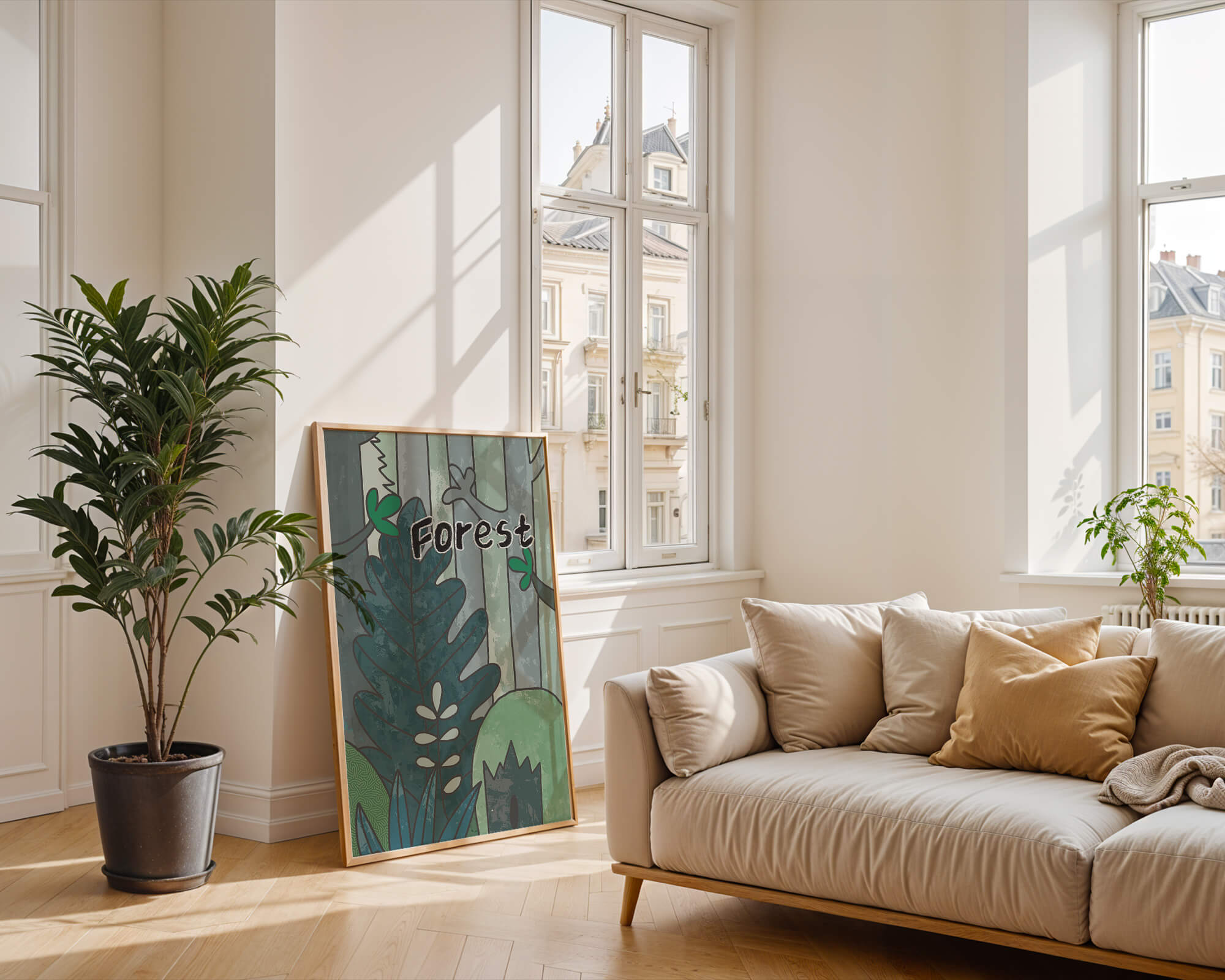 Illustrated forest scene with foliage and text