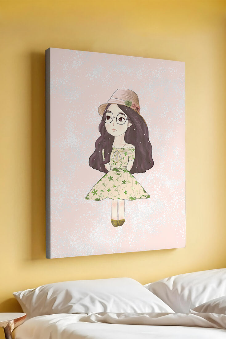 Charming illustration of a girl in a floral dress and hat
