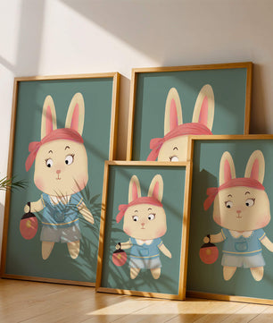 Illustration d'un lapin cartoon avec un bandeau et un sac rond