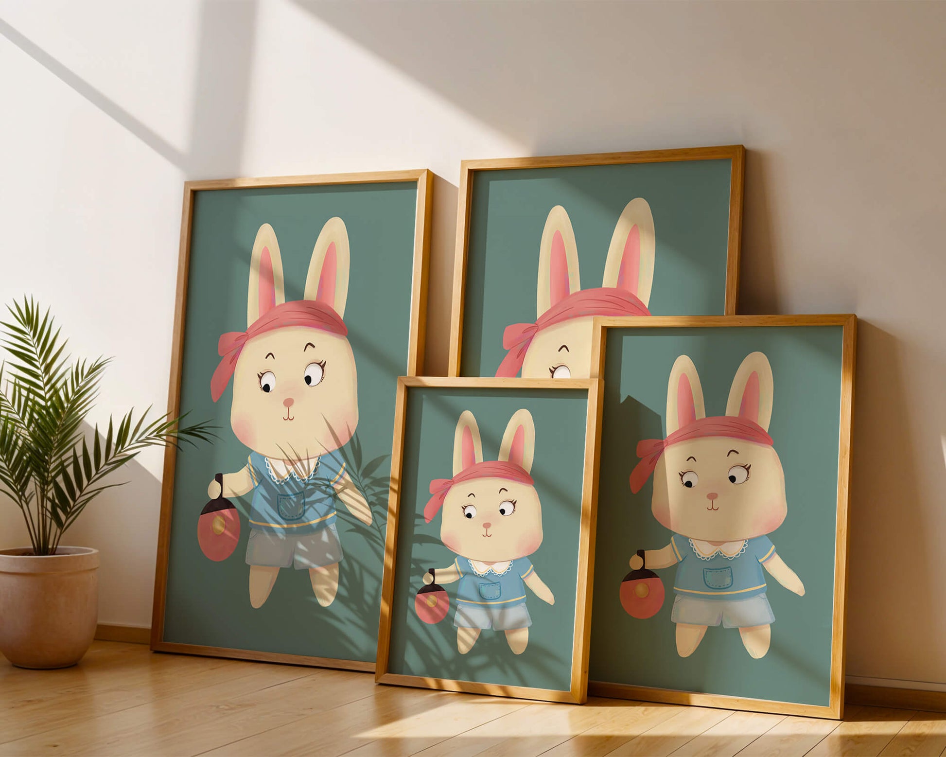 Illustration d'un lapin cartoon avec un bandeau et un sac rond