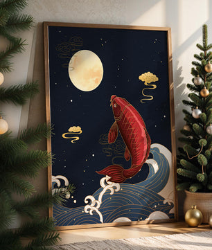 Ilustración artística de peces koi saltando sobre las olas bajo la luz de la luna