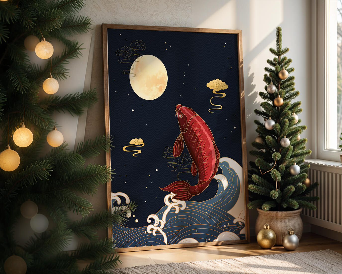 Artistic illustration of koi fish jumping over waves under moonlight