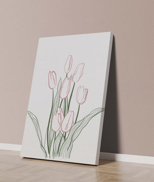 Wunderschöne rosa Tulpen mit grünen Blättern auf einer minimalistischen Leinwand