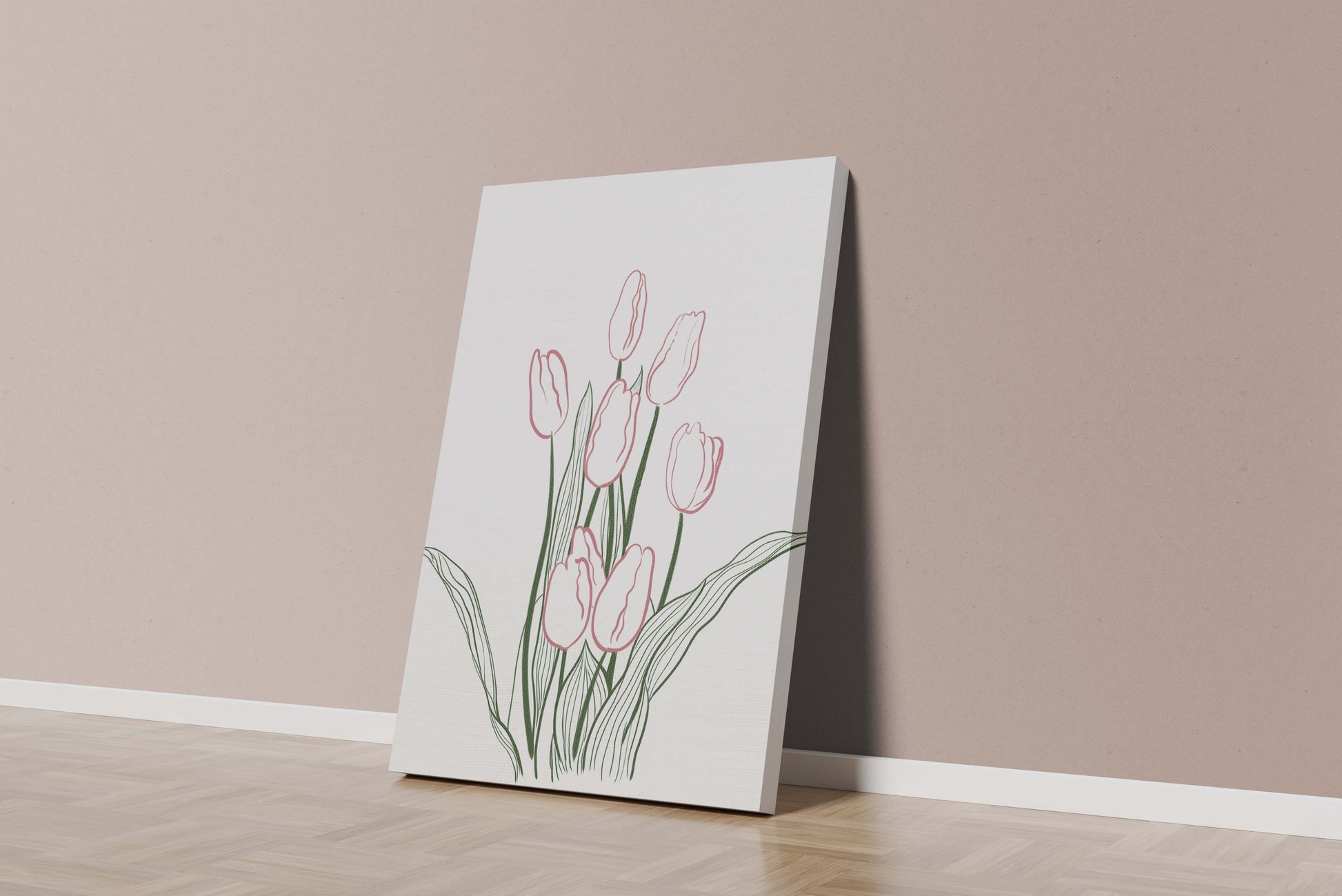 Wunderschöne rosa Tulpen mit grünen Blättern auf einer minimalistischen Leinwand