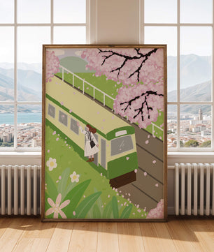 Escena de cerezos en flor y tren en un paisaje primaveral
