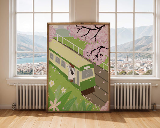 Cherry Blossoms and Train Scene in Spring Landscape