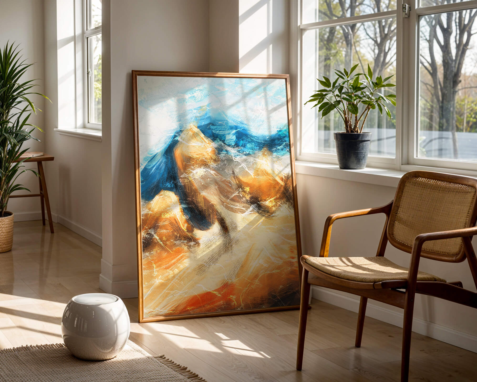 Abstract landscape with blue and golden hues